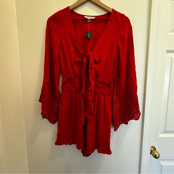 American Eagle Womens Red Front Bow Tie Bell Sleeve Romper XS Smocked Waist NWT - Picture 2 of 13